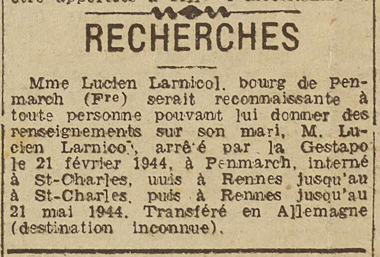 Avis de recherche publié par Mme Lucien Larnicol